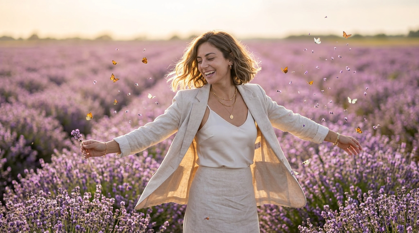 Vero with arms outstretched in lavender field, butterflies swirling around her - representing liberation from framework constraints