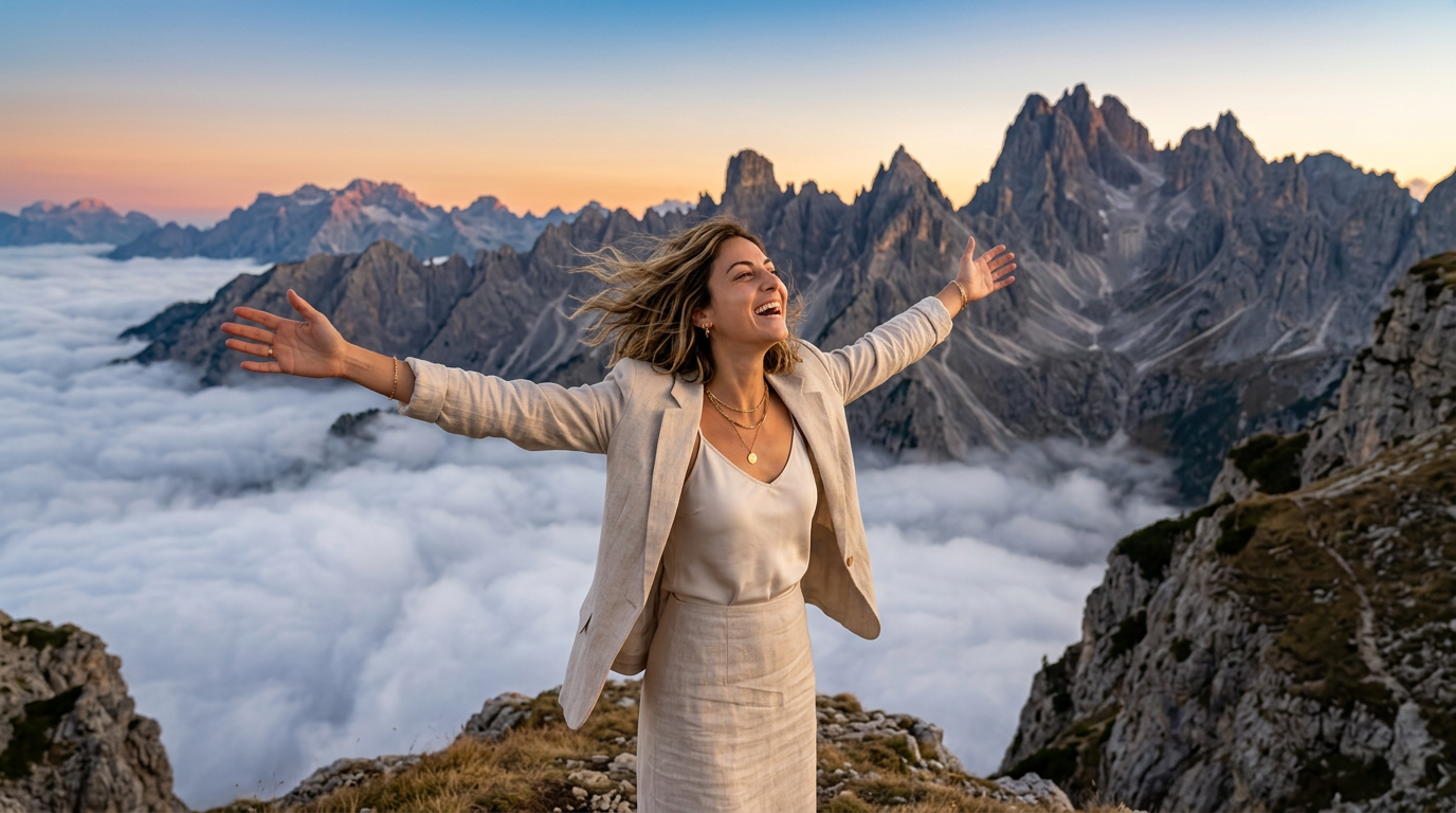 Vero standing at mountain cliff edge with arms outstretched, embracing freedom